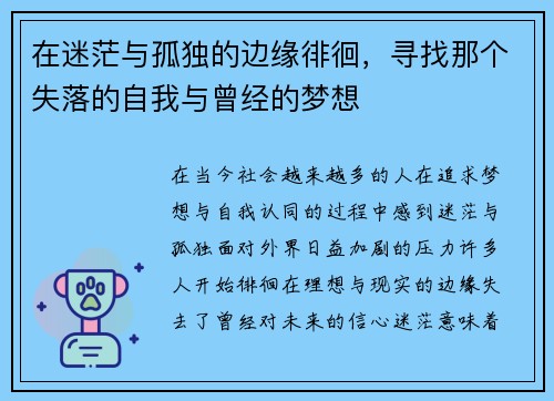 在迷茫与孤独的边缘徘徊，寻找那个失落的自我与曾经的梦想