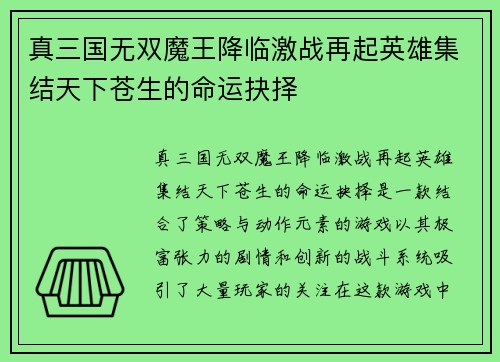 真三国无双魔王降临激战再起英雄集结天下苍生的命运抉择