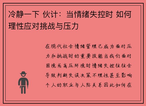 冷静一下 伙计：当情绪失控时 如何理性应对挑战与压力